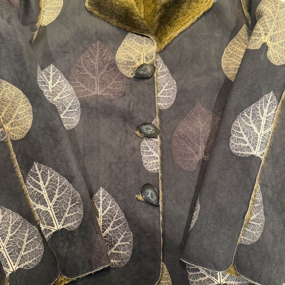 Robert Kitchen Canada Reversible Jacket Faux Fur Faux Suede Leaf Print W’s L - Picture 10 of 11